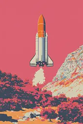 Midjourney generated image using SREF code Pixelated Ember: A space shuttle flying through the air over a mountain.
