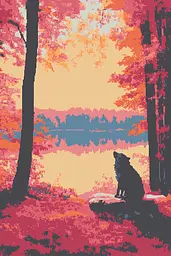 Midjourney generated image using SREF code Pixelated Ember: A painting of a wolf sitting in the woods at sunset.