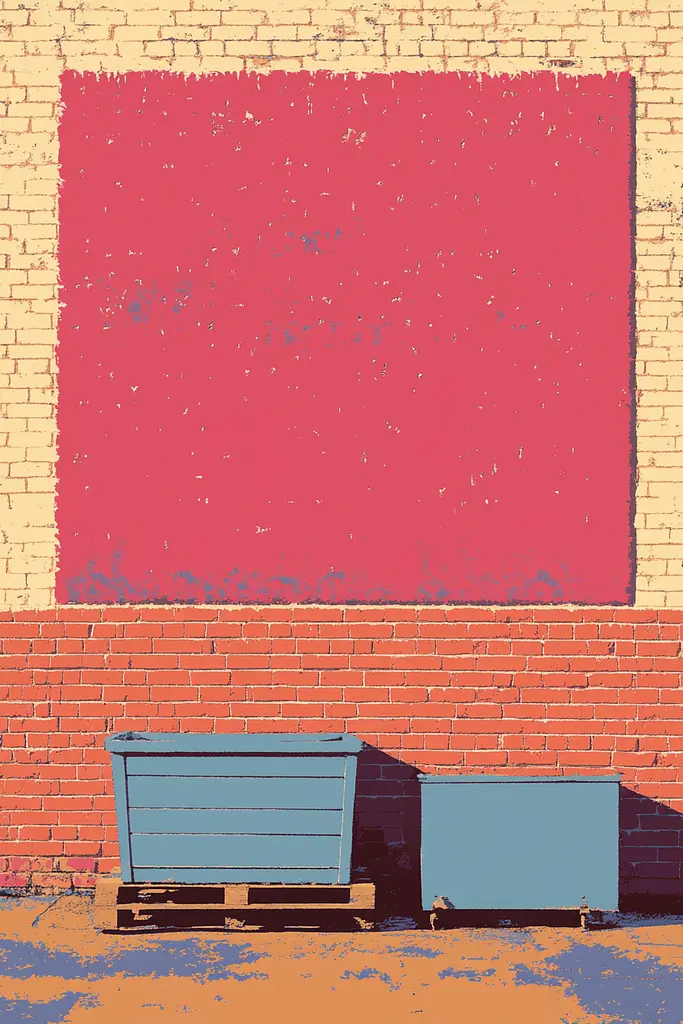 Midjourney generated image using SREF code Pixelated Ember: Two blue trash cans sitting next to a red brick wall.