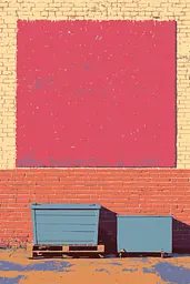 Midjourney generated image using SREF code Pixelated Ember: Two blue trash cans sitting next to a red brick wall.