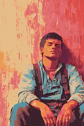 Midjourney generated image using SREF code Pixelated Ember: A man sitting on the ground with his eyes closed.