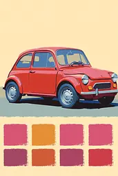Midjourney generated image using SREF code Pixelated Ember: A red car is shown in a color palette.