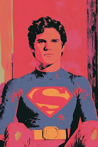 Midjourney generated image using SREF code Pixelated Ember: A man in a superman costume sitting on a chair.