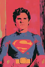 Midjourney generated image using SREF code Pixelated Ember: A man in a superman costume sitting on a chair.