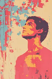 Midjourney generated image using SREF code Pixelated Ember: A painting of a man with his eyes closed and his head tilted upwards.