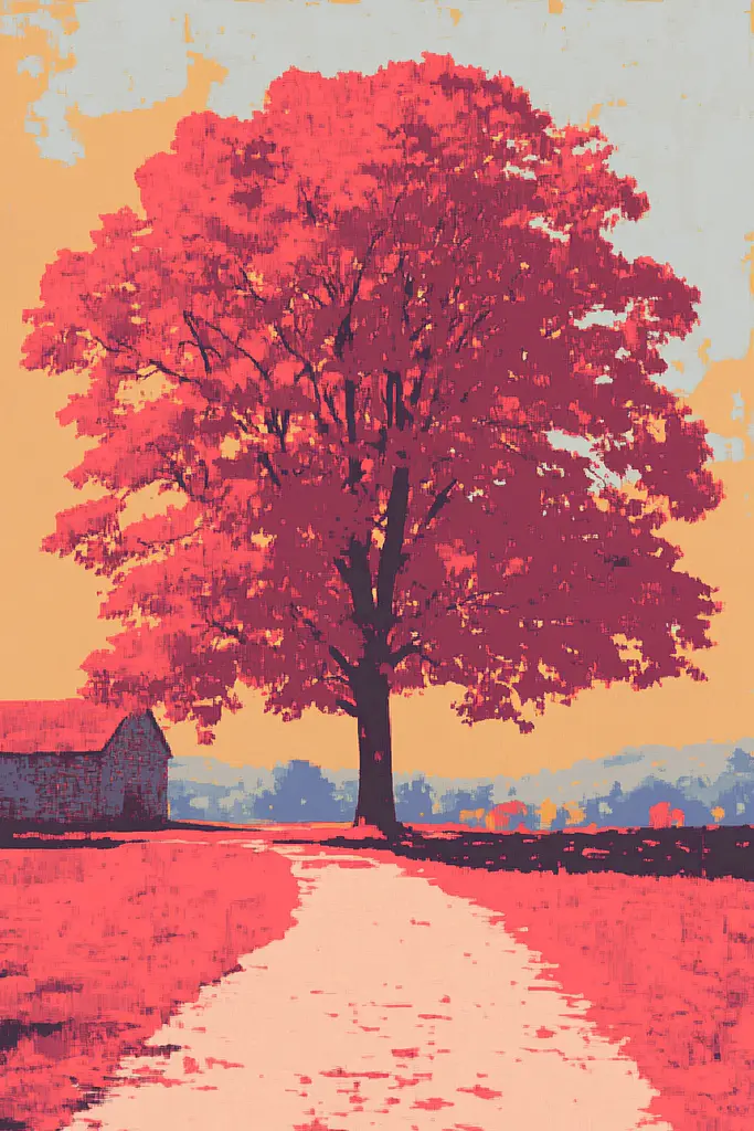 Midjourney generated image using SREF code Pixelated Ember: A painting of a red tree in the middle of a field.