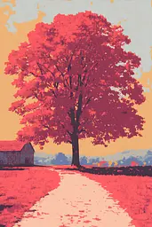 Midjourney generated image using SREF code Pixelated Ember: A painting of a red tree in the middle of a field.
