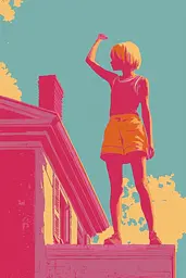 Midjourney generated image using SREF code Pixelated Ember: A woman standing on top of a building with her arms raised.