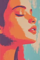 Midjourney generated image using SREF code Pixelated Ember: A woman's face with her eyes closed and her head tilted to the side.