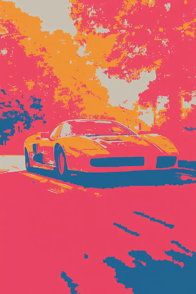 Midjourney generated image using SREF code Pixelated Ember: A painting of a car driving down a road.
