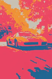 Midjourney generated image using SREF code Pixelated Ember: A painting of a car driving down a road.