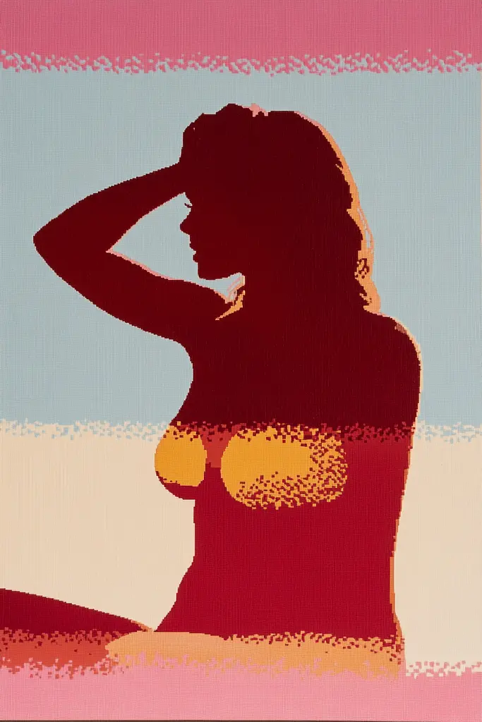 Midjourney generated image using SREF code Pixelated Ember: A woman in a bikini sitting on a beach.