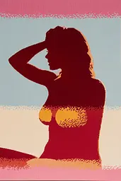 Midjourney generated image using SREF code Pixelated Ember: A woman in a bikini sitting on a beach.