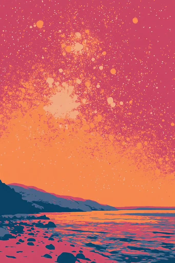 Midjourney generated image using SREF code Pixelated Ember: A painting of a sunset over a body of water.