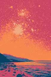 Midjourney generated image using SREF code Pixelated Ember: A painting of a sunset over a body of water.