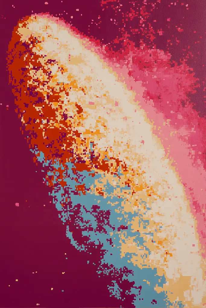 Midjourney generated image using SREF code Pixelated Ember: A colorful explosion of paint on a red background.