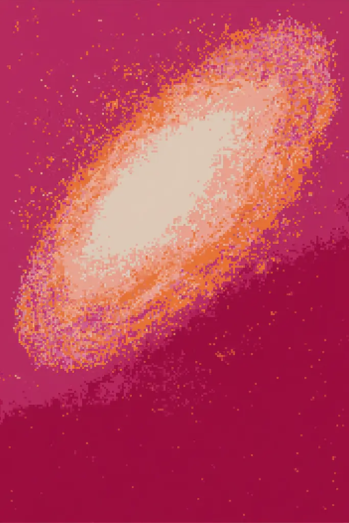 Midjourney generated image using SREF code Pixelated Ember: A picture of a spiral galaxy on a red background.
