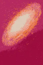 Midjourney generated image using SREF code Pixelated Ember: A picture of a spiral galaxy on a red background.