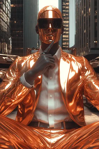 Midjourney generated image using SREF code Chromatic Elegy: A man in a shiny orange suit and sunglasses sitting on a bench.