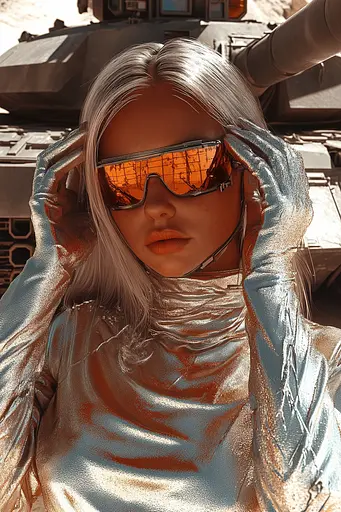 Midjourney generated image using SREF code Chromatic Elegy: A woman in a silver outfit and sunglasses standing in front of a tank.