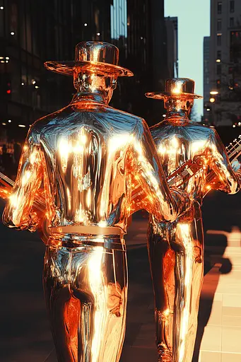 Midjourney generated image using SREF code Chromatic Elegy: A couple of metal statues that are standing next to each other.