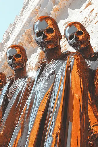 Midjourney generated image using SREF code Chromatic Elegy: A group of three skeletons standing next to each other.
