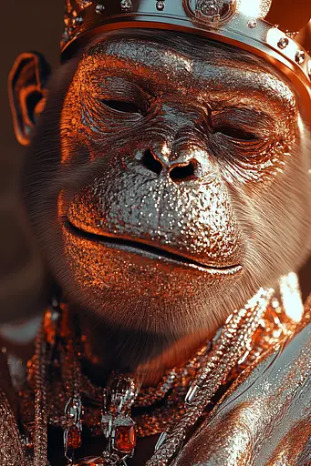 Midjourney generated image using SREF code Chromatic Elegy: A monkey wearing a crown and a chain around its neck.