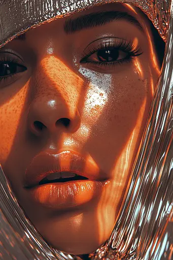 Midjourney generated image using SREF code Chromatic Elegy: A close up of a woman's face with a silver headpiece.