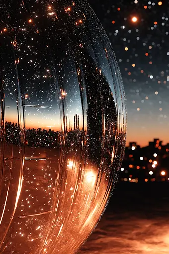 Midjourney generated image using SREF code Chromatic Elegy: A large glass sphere with a city in the background.