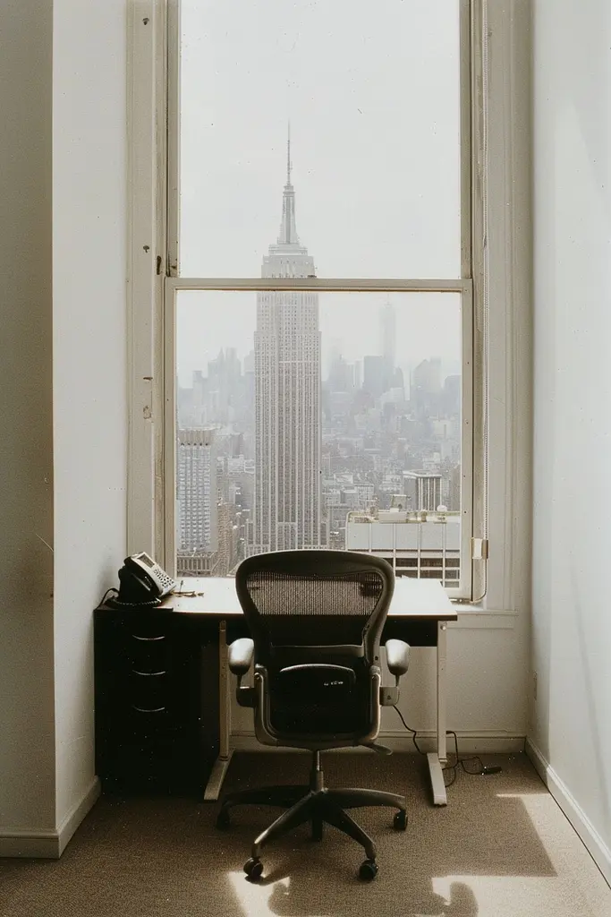 Midjourney generated image using SREF code Urban Solitude: A desk and chair in an empty room with a view of the Empire State Building.