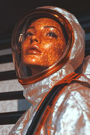 Midjourney generated image using SREF code Chromatic Elegy: A woman in a space suit with a helmet on.