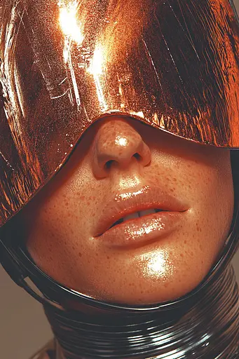 Midjourney generated image using SREF code Chromatic Elegy: A woman with freckles wearing a helmet on her head.