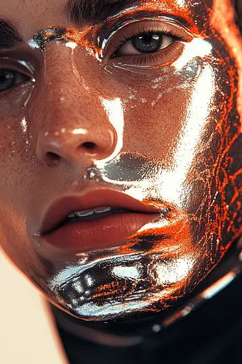 Midjourney generated image using SREF code Chromatic Elegy: A woman with a face mask on her face.