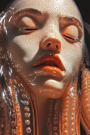 Midjourney generated image using SREF code Chromatic Elegy: A close up of a woman's face covered in bubbles.