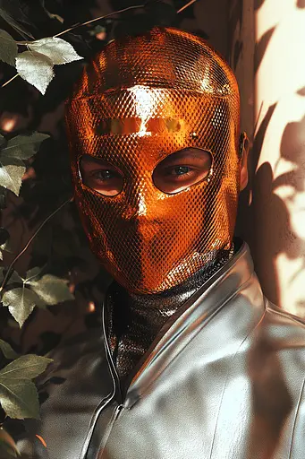 Midjourney generated image using SREF code Chromatic Elegy: A man wearing a metallic mask in front of a tree.