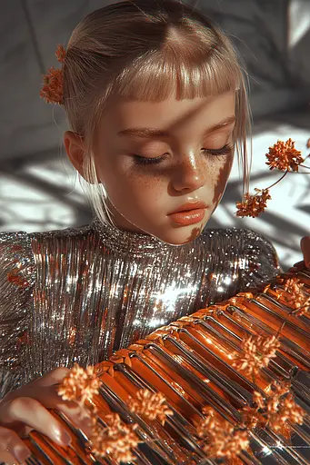 Midjourney generated image using SREF code Chromatic Elegy: A little girl in a silver dress holding a bunch of flowers.