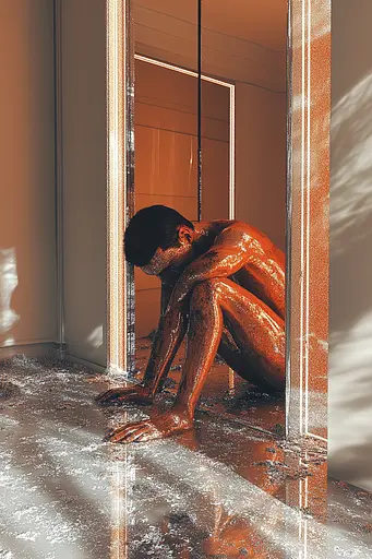 Midjourney generated image using SREF code Chromatic Elegy: A man sitting on the floor in front of a mirror.
