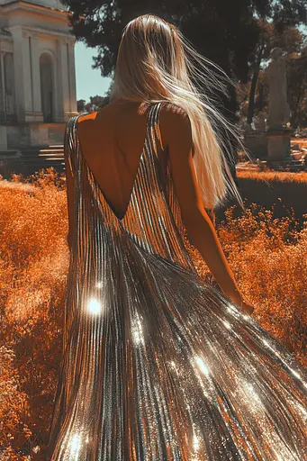 Midjourney generated image using SREF code Chromatic Elegy: A woman in a gold dress walking through a field of flowers.