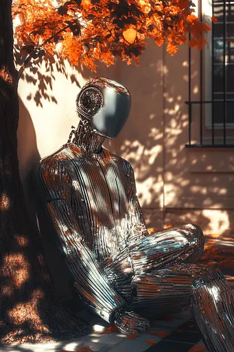 Midjourney generated image using SREF code Chromatic Elegy: A silver robot sitting under a tree next to a building.