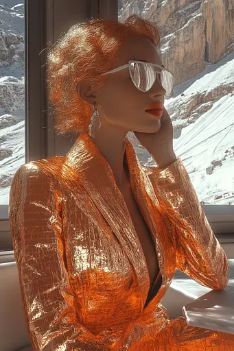 Midjourney generated image using SREF code Chromatic Elegy: A woman in an orange dress and sunglasses sitting by a window.