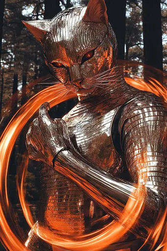 Midjourney generated image using SREF code Chromatic Elegy: A cat in a suit of armor standing in the woods.