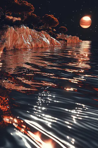 Midjourney generated image using SREF code Chromatic Elegy: A view of a body of water with a planet in the background.