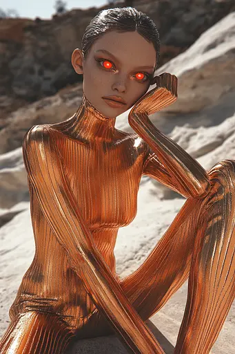 Midjourney generated image using SREF code Chromatic Elegy: A woman in a gold bodysuit sitting on a rock.
