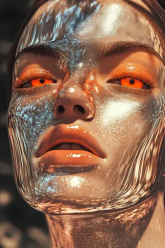 Midjourney generated image using SREF code Chromatic Elegy: A woman with a silver face mask on her face.