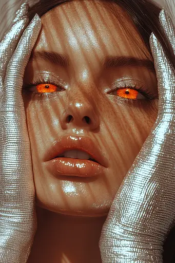Midjourney generated image using SREF code Chromatic Elegy: A close up of a woman's face with orange eyes.