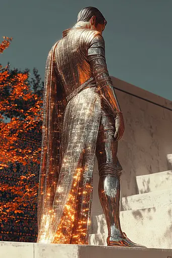 Midjourney generated image using SREF code Chromatic Elegy: A bronze statue of a man standing in front of a building.
