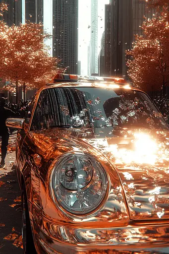 Midjourney generated image using SREF code Chromatic Elegy: A police car is parked in the middle of a city.