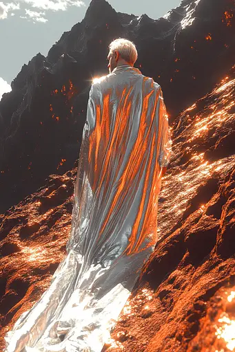 Midjourney generated image using SREF code Chromatic Elegy: A man in a silver cloak standing on top of a mountain.