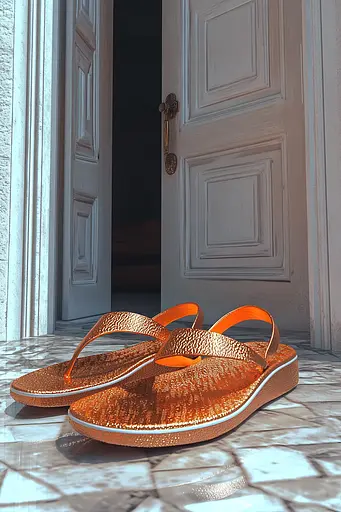 Midjourney generated image using SREF code Chromatic Elegy: A pair of orange flip flops sitting on a tiled floor.