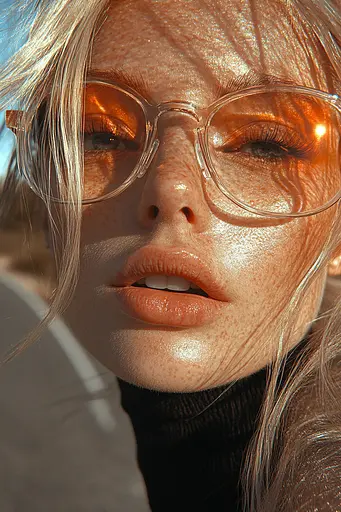 Midjourney generated image using SREF code Chromatic Elegy: A woman with freckles wearing a black turtle neck sweater and glasses.